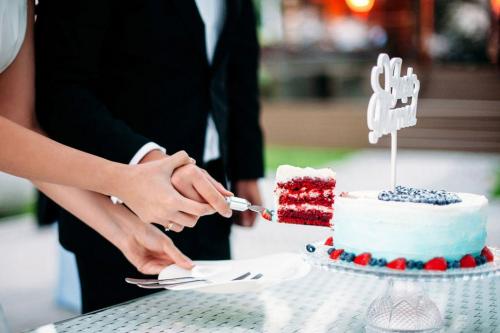 Newlyweds cutting cake